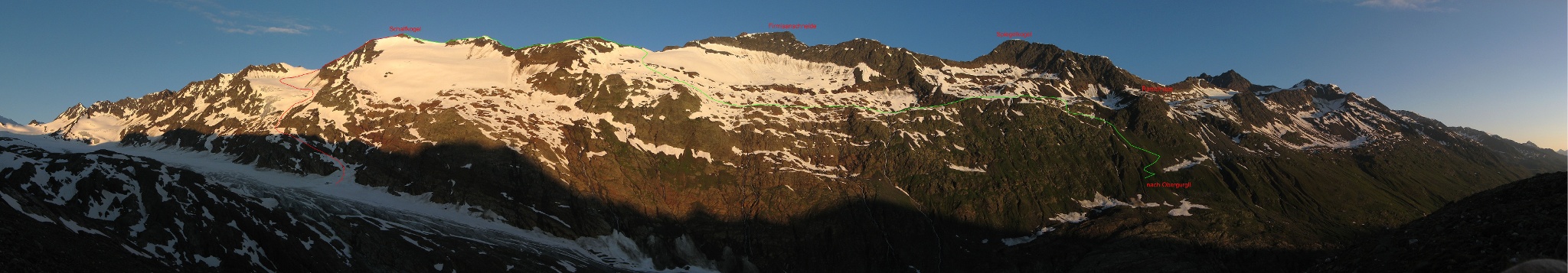 Panoramabild Schalfkogel Ostflanke mit Routenverlauf