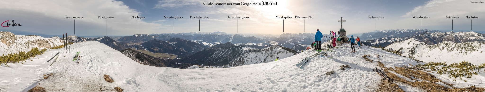 Gipfelpanorama vom Geigelstein im Winter.