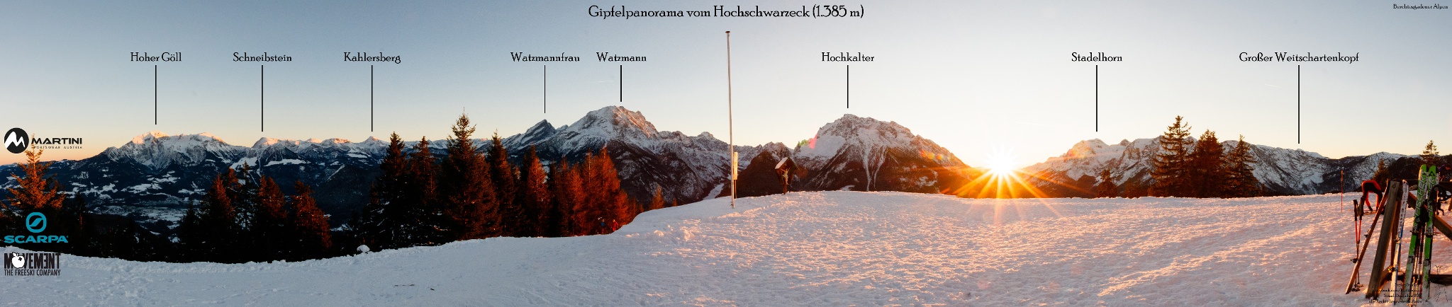 Gipfelpanorama am Hirschkaser bei Sonnenuntergang im Winter