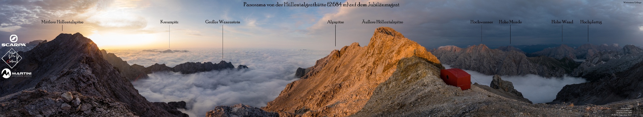 Panorama bei Sonnenuntergang an der Höllentalgrathütte