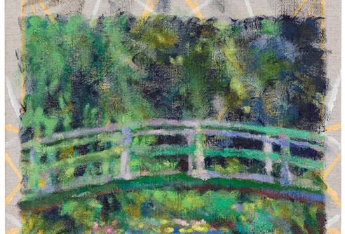 Jochen Plogsties, 13_21 [Seerosen], [Nach: Claude Monet, Der Seerosenteich, 94 × 89 cm, Öl auf Leinwand, 1899, Musée d’Orsay. In: Geo Epoche Edition, Nr. 22, Front Cover.], 2021, Öl und Eitempera auf Leinen, 60 × 42 cm