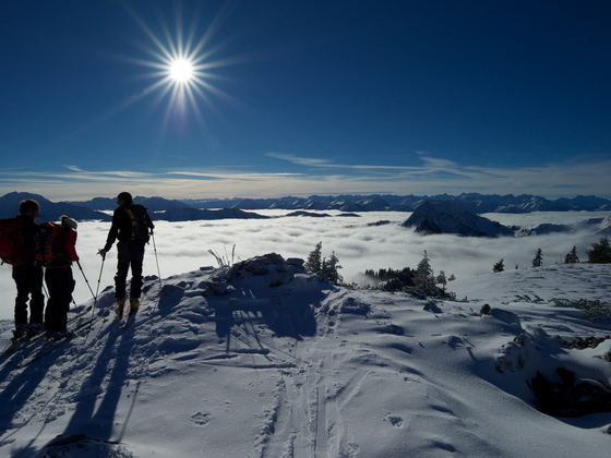Traumwetter am Hirschberggipfel mit Blick nach Süden zum Alpenhauptkamm