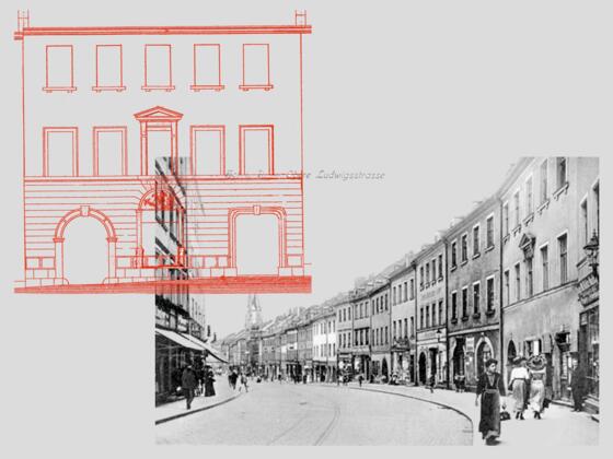 Die obere Ludwigstraße um 1910 auf einer Ansichtskarte; in Rot Zeichnung des Hauses Nr. 83 (auf der Ansichtskarte ganz rechts).