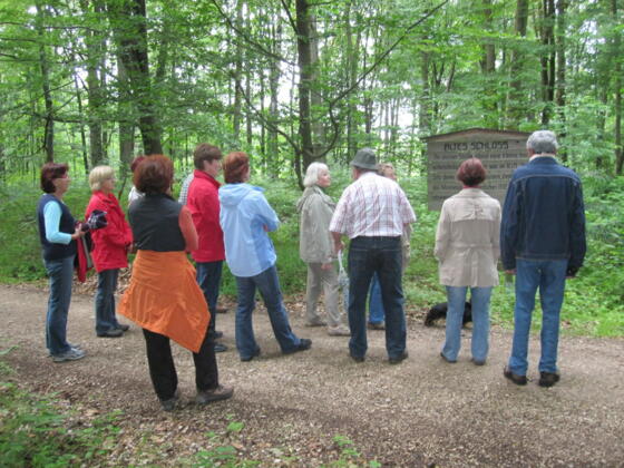 Eine Wanderrguppe, die auf den Spuren des Minnesängers Thannhäuser wandeln, wandern den Thannhäuser Rundweg und informieren sich an einer Infotafel.