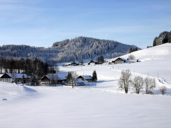 Blick vom Wanderparkplatz Blenden auf die Weiler Holdenried und Staudach