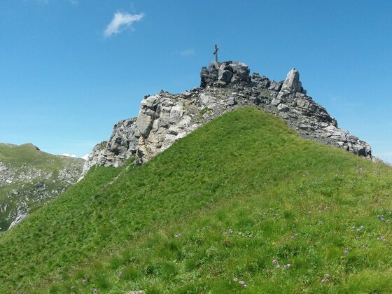 Gorfion mit Blumenwiese und Gipfelkreuz.