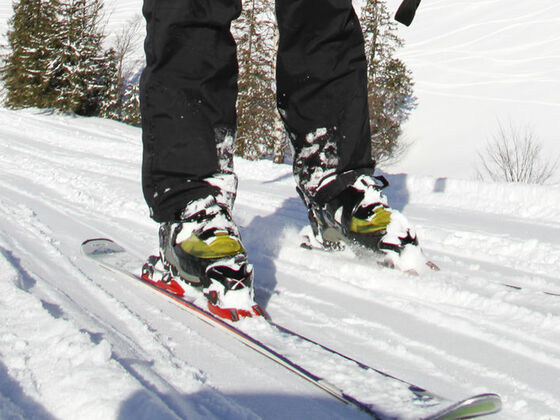 Ski auf schneeweißer Piste. Nahansicht.