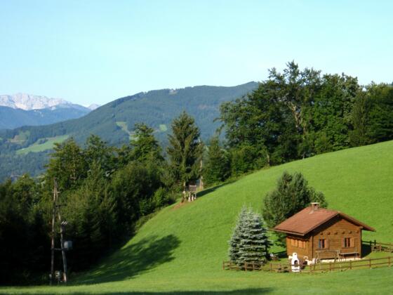 Rotstein 837m, Blick zur Almhütte auf 650m mit Sengsengebirge