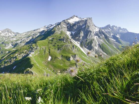 Blick vom Augstenberg auf die Pfälzerhütte und den Naafkopf