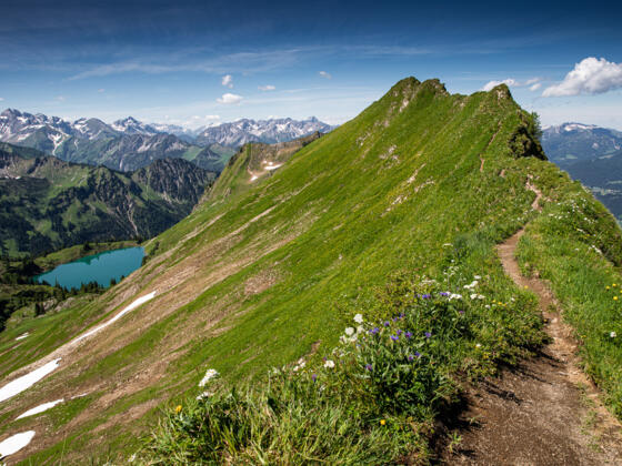 Rückblick vom Zeigersattel auf den Östlichen Hüttenkopf, unterhalb leuchtet der Seealpsee.