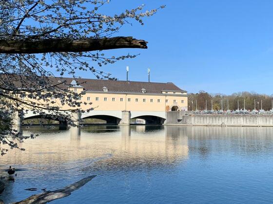 Blick auf das Stauwehr Oberföhring vom Isarufer