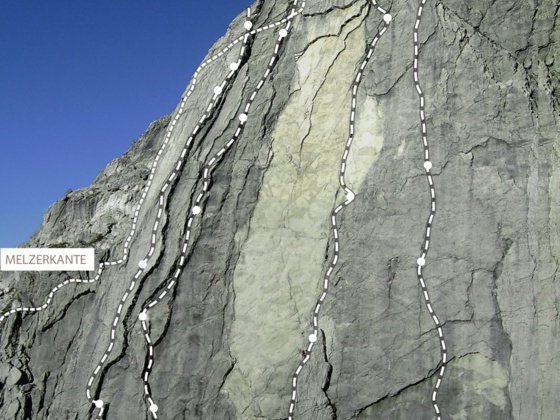 Mehrseillängen an den Melzerplatten. 1 = Segelflug, 3 = Schmetterlingsverschneidung