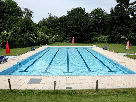 Schimmerbecken mit Liegewiese im Freibad Rudelzhausen in Tegernbach