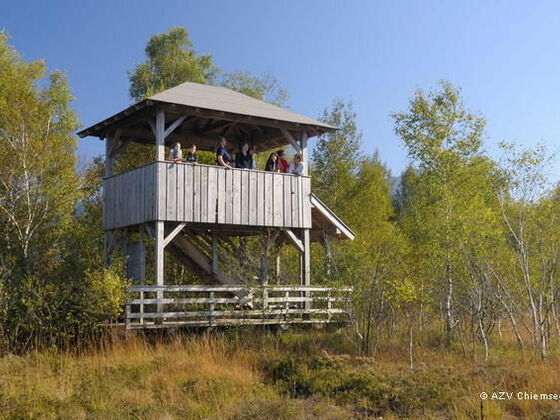 Blick auf den Aussichtsturm Kendlmühlfilzen im Herbst.