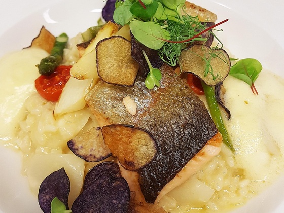 Gebratenes Lachsforellenfilet Spargelrisotto Nussb