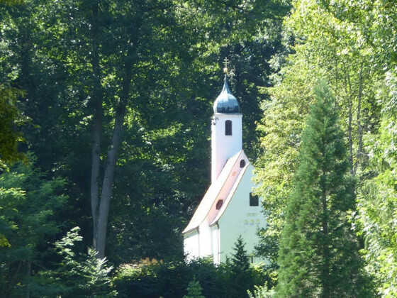 Rückansicht der Waldkirche St. Clement im Weltwald Freising im Kranzberger Forst