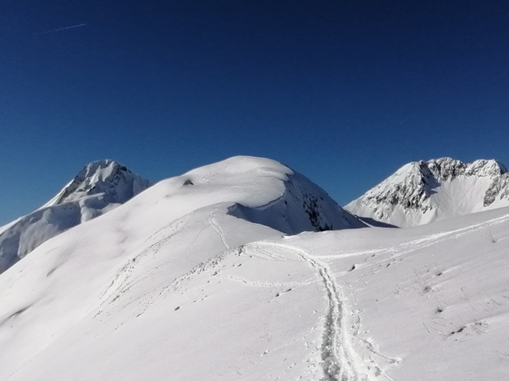 Vor uns die Gipfelkuppe der Mutte, links daneben die Rothornspitze