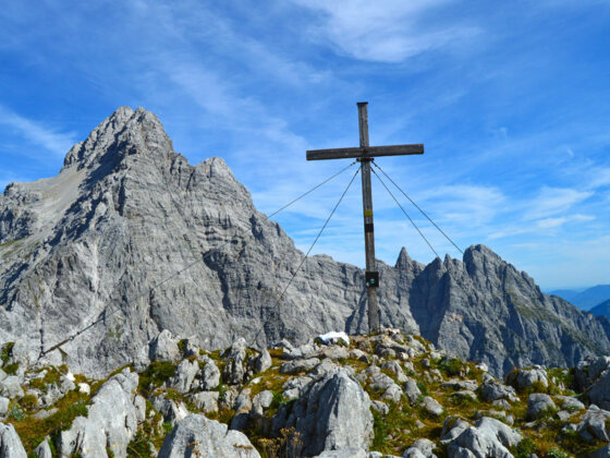 Gipfel Hirschwiskopf, dahinter die Watzmann Südspitze