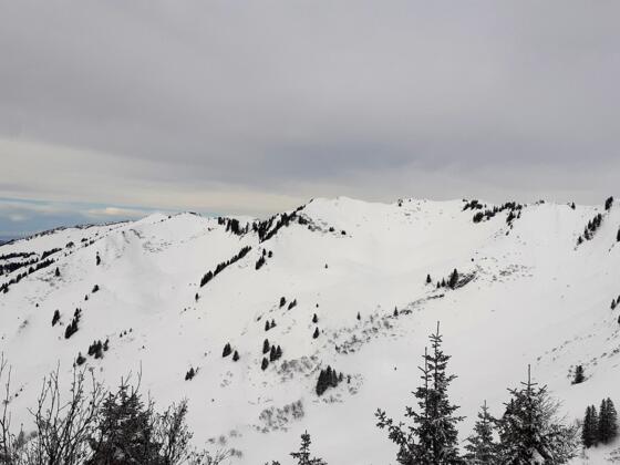 Blick vom Furkakopf zurück auf den Gerenfalben (links der Bildmitte) und auf den Hochrohkopf (Bildmitte).