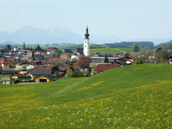 Das Gemeindegebiet von Köstendorf mit dem Hohen Staufen im Hintergrund.