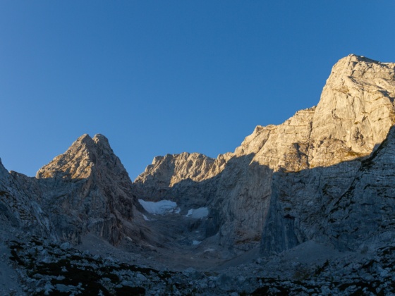 Blick auf Blaueisspitze, Blaueis, Hochkalter, Kleinklater und Rotpalfen