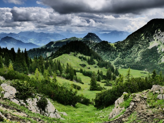 Blick vom Fellalm-Sattel Richtung Traithenkessel und Brünnstein