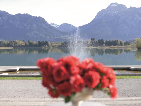Blick vom Festspielhaus Füssen über den Forggensee auf Schloss Neuschwanstein
