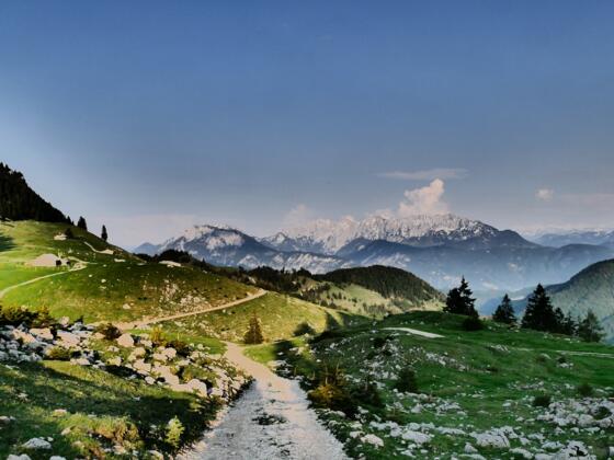 Auf dem Weg zur Seonalm schweift der Blick zurück zur Himmelmoos-Alm und dem Kaisergebirge