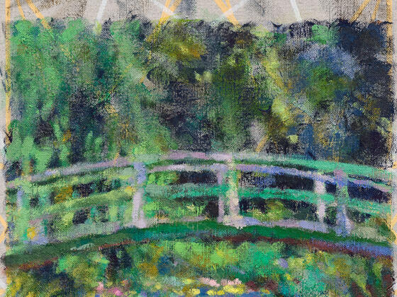 Jochen Plogsties, 13_21 [Seerosen], [Nach: Claude Monet, Der Seerosenteich, 94 × 89 cm, Öl auf Leinwand, 1899, Musée d’Orsay. In: Geo Epoche Edition, Nr. 22, Front Cover.], 2021, Öl und Eitempera auf Leinen, 60 × 42 cm