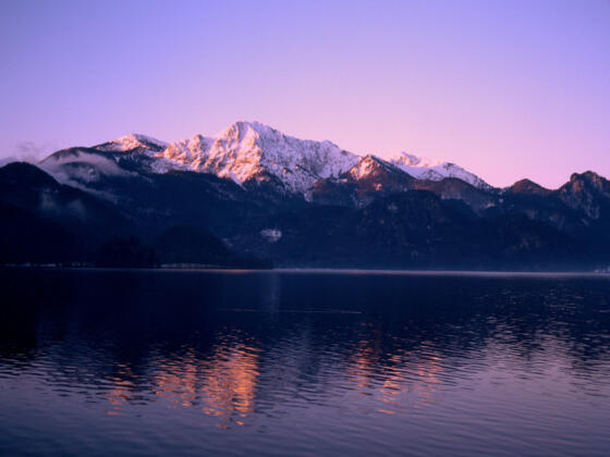 Morgenlicht am Kochelsee: im Hintergrund Fahrenbergkopf, Herzogstand und Heimgarten