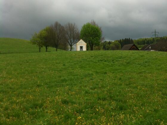 Inmitten saftiger Wiesen befindet sich die kleine Kapelle bei Marnbach.