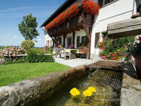 Hausansicht mit Brunnen