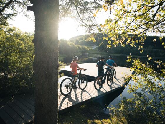 Mountainbiker auf Steg bei Rubener Teich