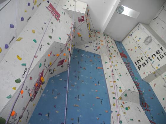 Bei einer Hallenhöhe von bis zu 14,5m gibt es 300m2 Kletterfläche.