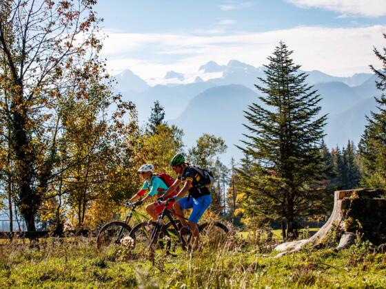 Der Dachstein im Hintergrund beim Mountainbiken