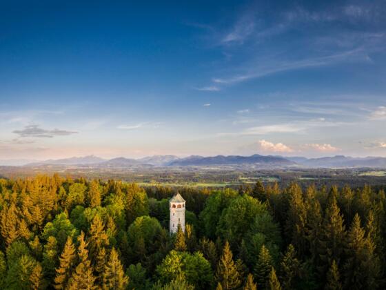 Blick auf Aussichtsturm und Alpenpanorama