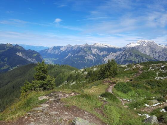 Ausblick am Gipfel Richtung Klostertal mit Roggelskopf und Roter Wand und auf den Abstieg Richtung Kristberg