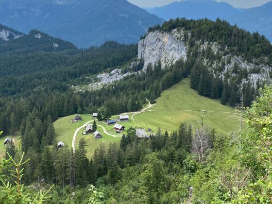 Blick hinunter auf die Hütteneckalm