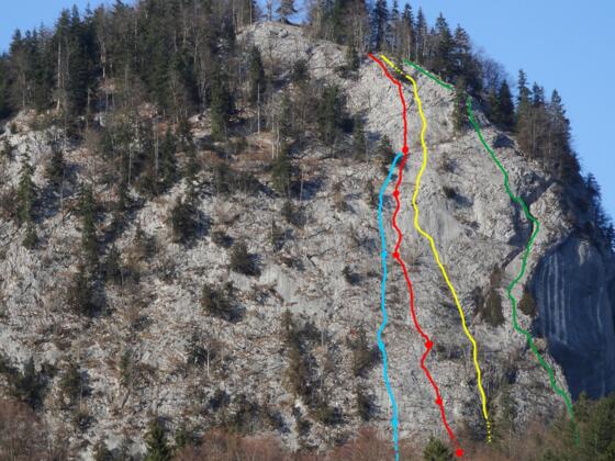 Plombergstein Übersicht -blau Edelweiss - rot Äskulap - gelb Flipperl - grün Juniperus