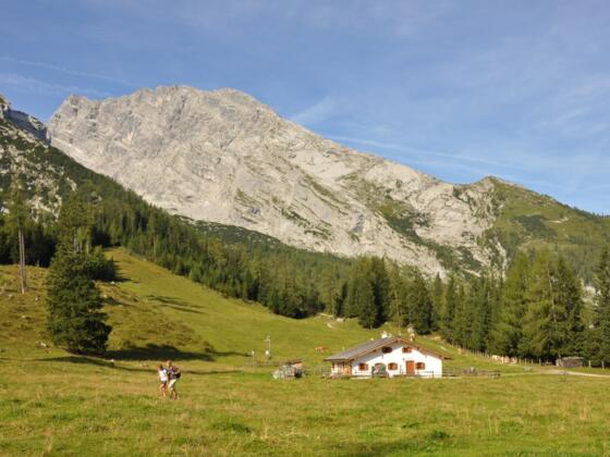 Blick von Kühroint hinüber zum Watzmannhaus auf dem Falzkopf