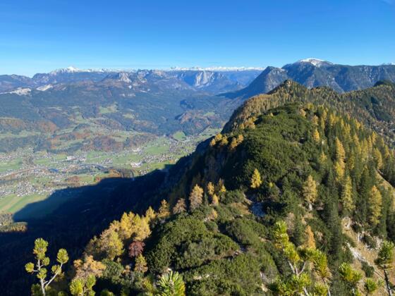 Blick zurück vom Anstieg auf den Niederen Kalmberg, im Hintergrund das Tote Gebirge