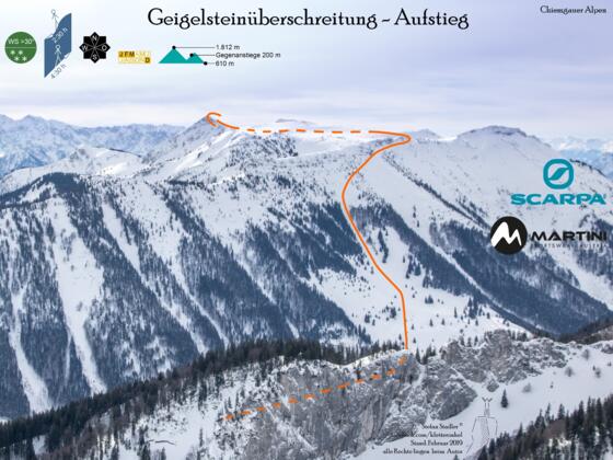 Überschreitung Geigelstein mit Ski Übersichtsbild - Topo Aufstieg