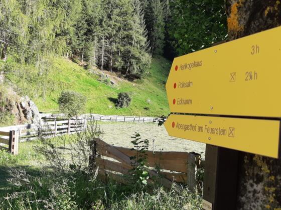 Hinweisschild, wenn man beim Pavillon parkt und startet. Den Gasthof Am Feuerstein erreichen wir nicht, ca. 600 m vorher zweigen wir rechts ab.