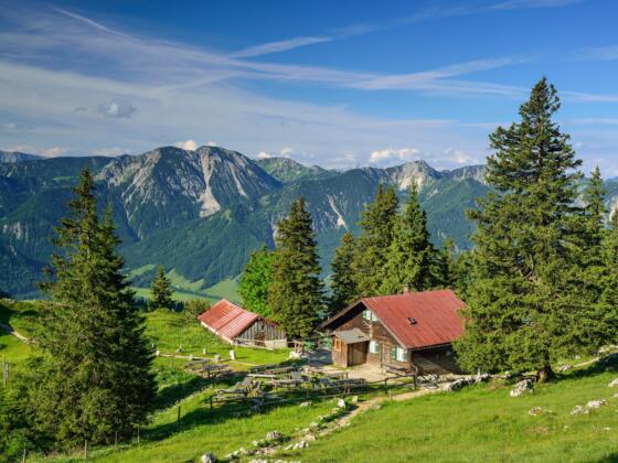 Die schön gelegene Hubertushütte wenig unter dem Gipfel des Breitensteins
