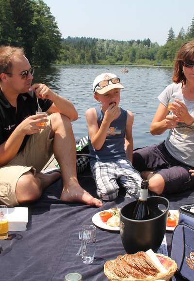 Seepicknick auf der Badeinsel im Waldsee