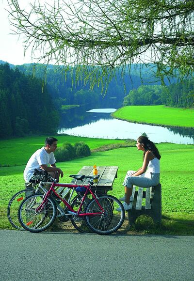 Radler bei der Rast entlang des Regental-Radweges