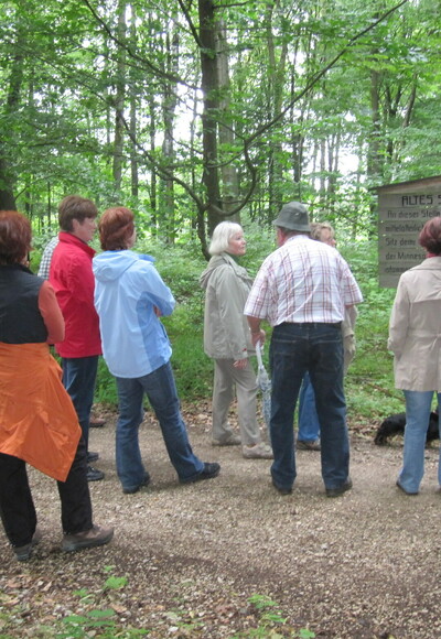 Eine Wanderrguppe, die auf den Spuren des Minnesängers Thannhäuser wandeln, wandern den Thannhäuser Rundweg und informieren sich an einer Infotafel.