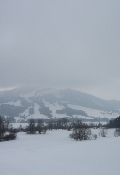 Blick über den zugefrorenen Grüntensee auf den Grünten