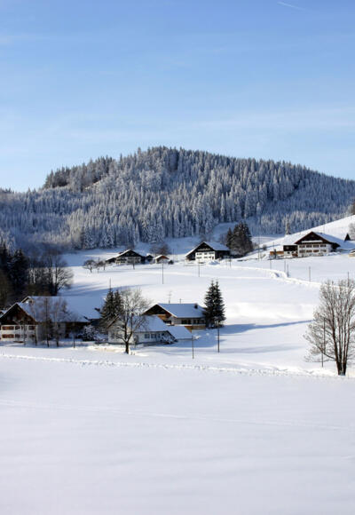 Blick vom Wanderparkplatz Blenden auf die Weiler Holdenried und Staudach