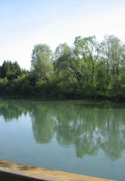 Ruhiger Flusslauf beim Zufluss Waltenhofener Bach